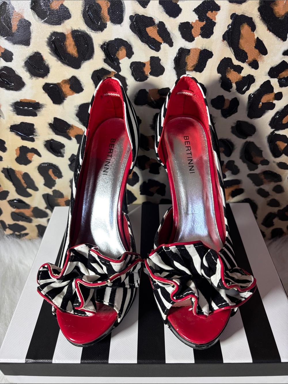 Bertinni Red & Black Striped Ruffle Peep-Toe Heels